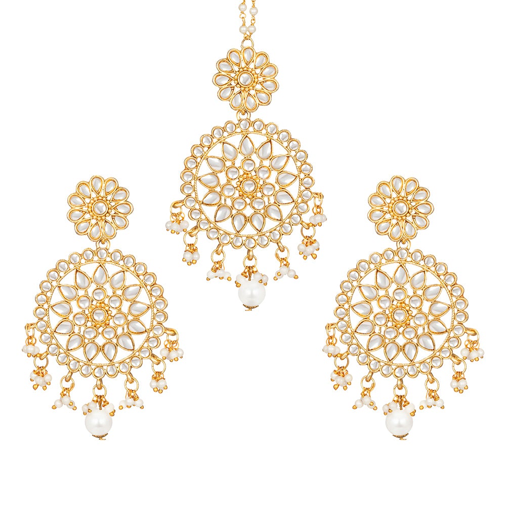 Kord Store "Round Flower Shape" Earrings/Maang Tikka /Traditional/Gold Jewellery/Wedding Jewellery/Latest Design Jewelllery/Flower Jewellery/For Girl/Women