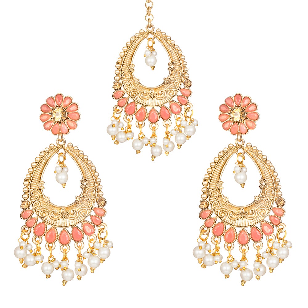 Kord Store New Design "Pink Color Stone" Earrings Mang Tikka/Gold Plated/Wedding Jewellery/Folower Design/Latest Design/Studed Jewllery Set For Women /Girl