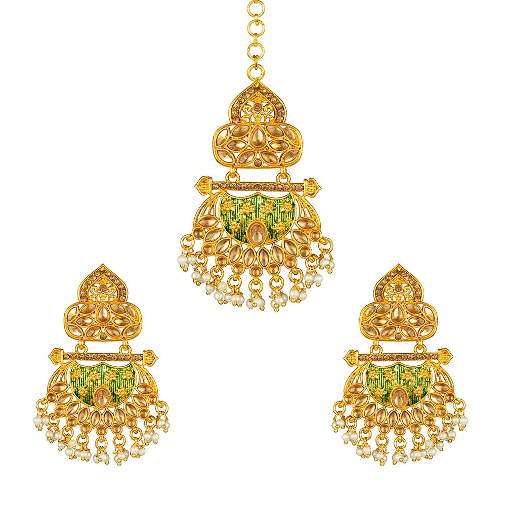 Kord Store "Mint Mina" Earrings Maang Tikka/Wedding Jewellery Set/Stylish/Diamond Jewllery/Chain Jewellery Set/For Women/Girl  - KSEMT80054