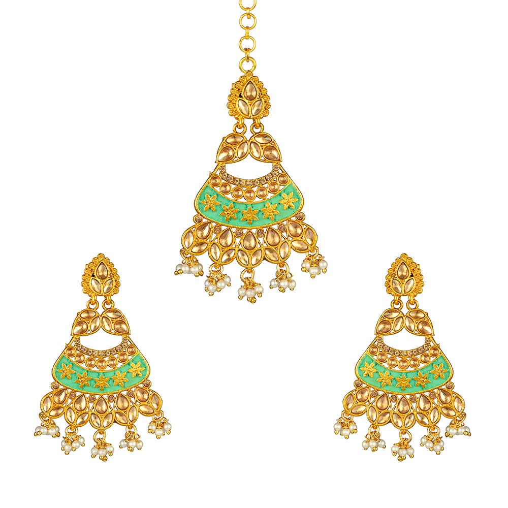 Kord Store "Mint Mina Collection" Earrings Maang Tikka Set/Alloy/Gold Plated/Stylish/Chain Jewellery Set/Wedding Jewellery Set/ For Women & Girl  - KSEMT80057