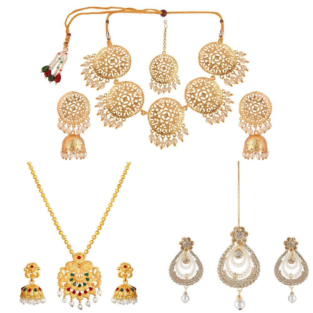Kord Store Traditional Gold Plated Set Of 3 Alloy Necklace Set & Mangtikka Combo For Women  - KSJWLRYCOMBO115