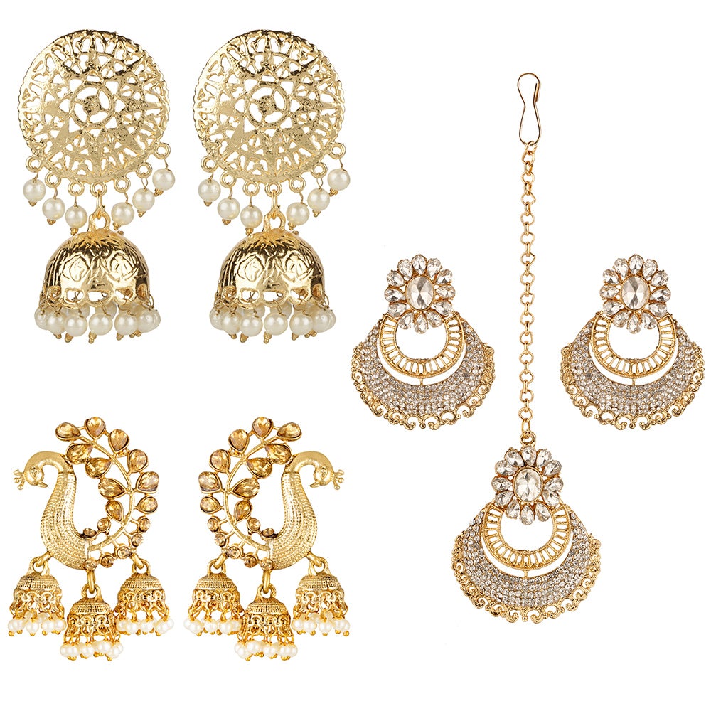 Kord Store Traditional Gold Plated Set Of 3 Alloy Earring With Mangtikka Combo For Women  - KSJWLRYCOMBO116