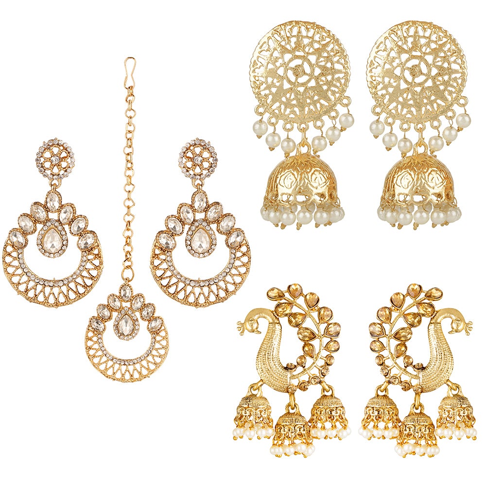 Kord Store Peacock Gold Plated Set Of 3 Alloy Earring With Mangtikka Combo For Women  - KSJWLRYCOMBO119