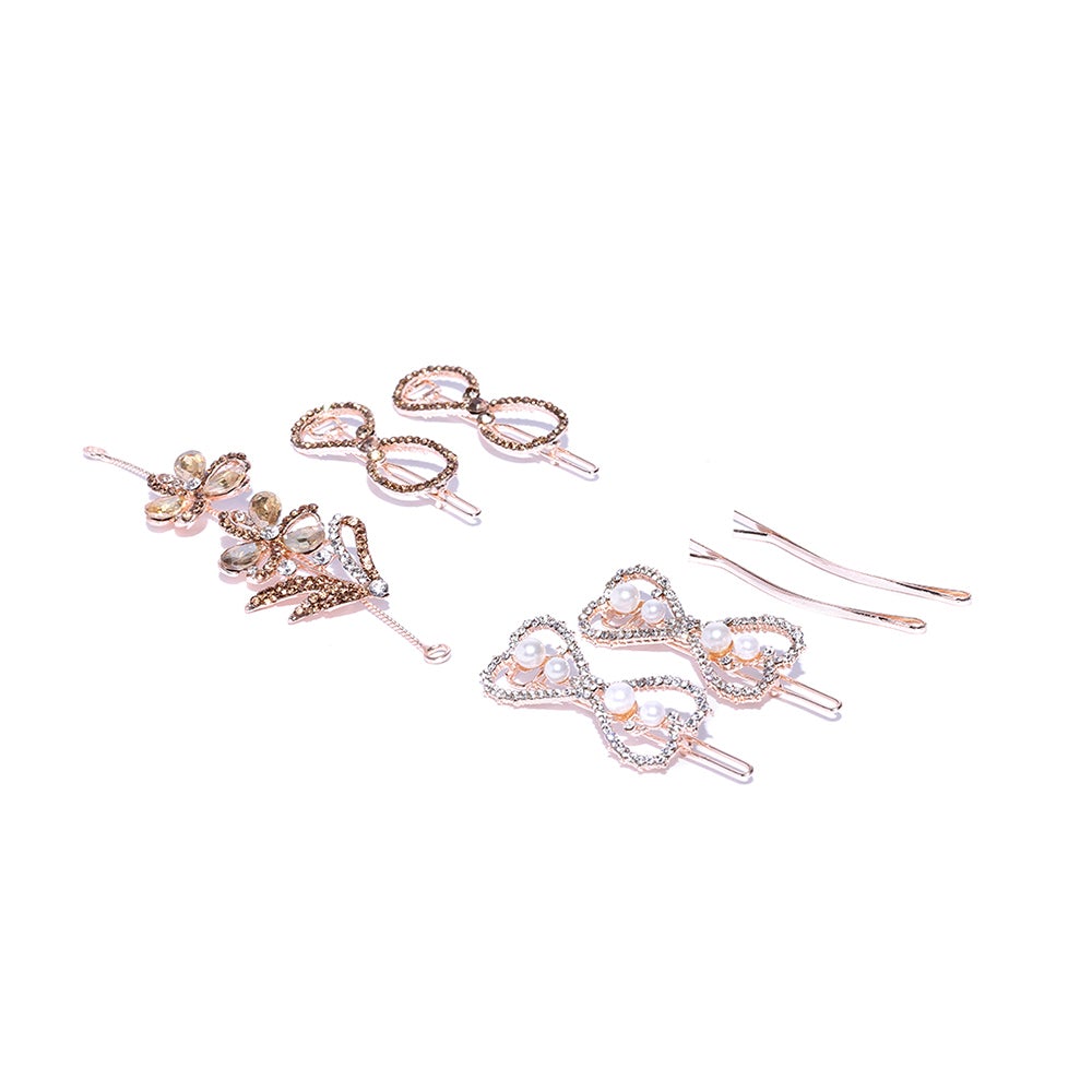 Kord Store Amazing Rose Gold Plated Stone/Flower Leaf Design Set Of 3 Tiara And Hair Pin Combo For Girls and Women  - KSJWLRYCOMBO78