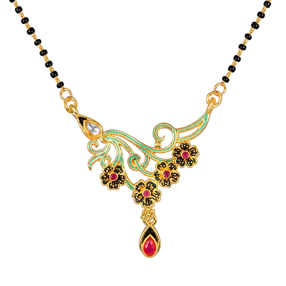 Kord Store Stylish Flower Design Mangalsutra Yellow Gold Plated Wedding Jewellery/Single Line Bead Chain Set (22 Inch)/White & Red Stone Jewelery Set For Women  - KSM90015