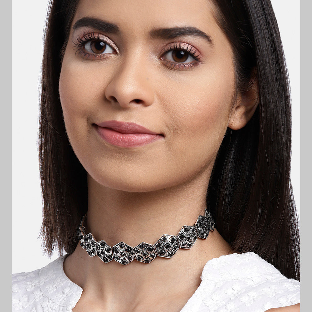 Kord Store Designer Oxidised Plated Black Stone Collar Necklace For Girls and Women