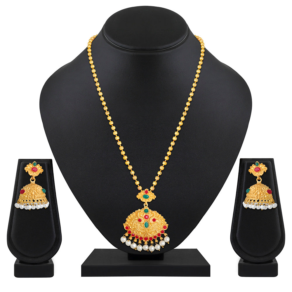 Kord Store Traditional Peacock Ball Chain Gold Plated Matinee Necklace Set For Women  - KSNKE60008