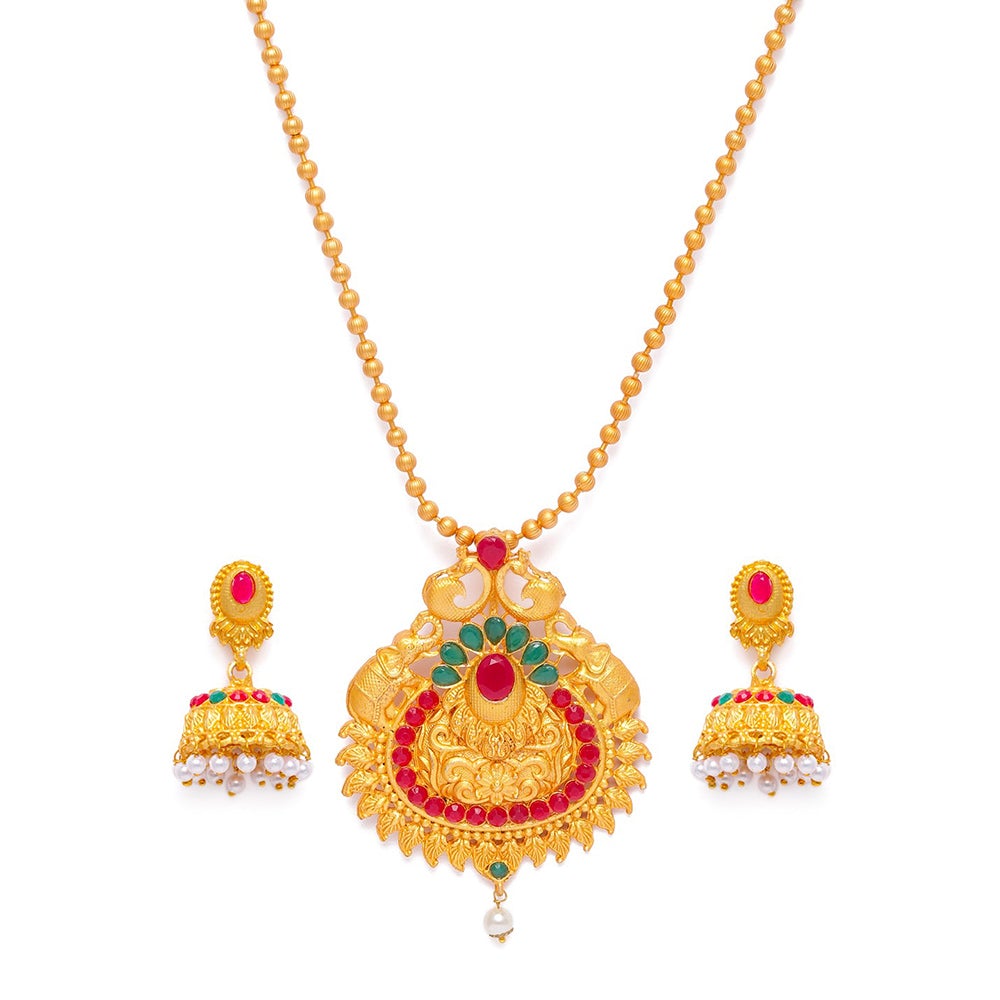 Kord Store Traditional Peacock & Elephant Ruby & Green Stone Gold Plated Matinee Necklace Set For Women  - KSNKE60009