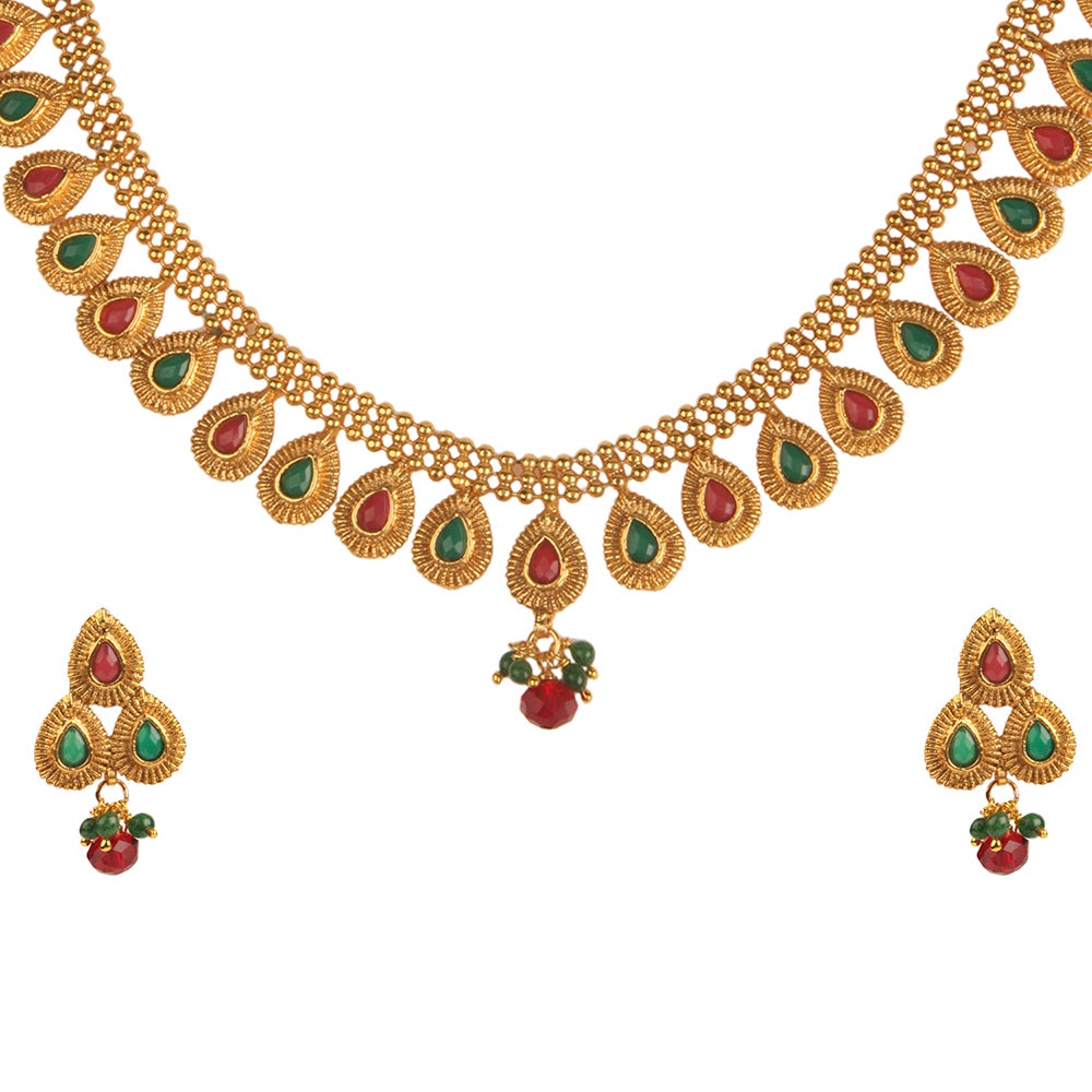 Kord Store Traditional Paan Shape Multi-Color Stone Gold Plated Choker Necklace Set For Women