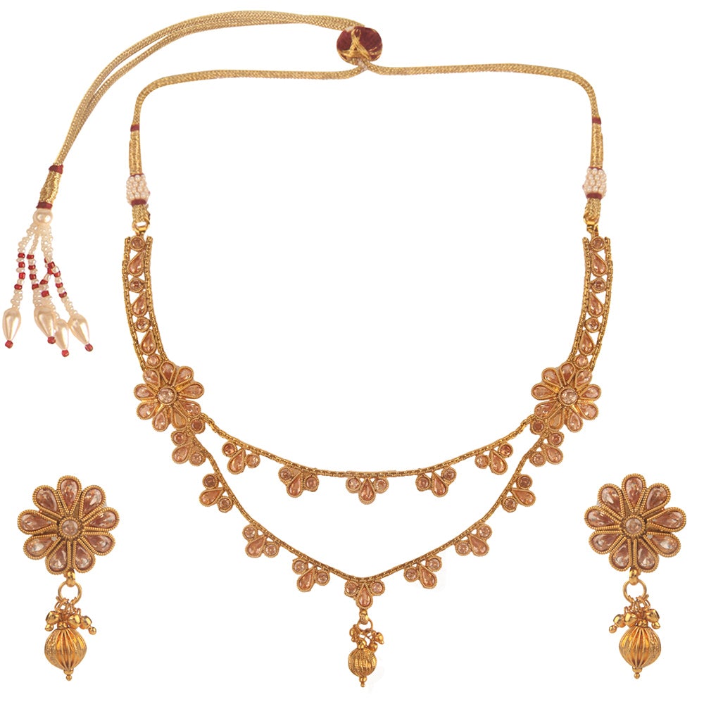 Kord Store Traditional Flower Design 2 String Chain Gold Plated Matinee Necklace Set For Women  - KSNKE60039