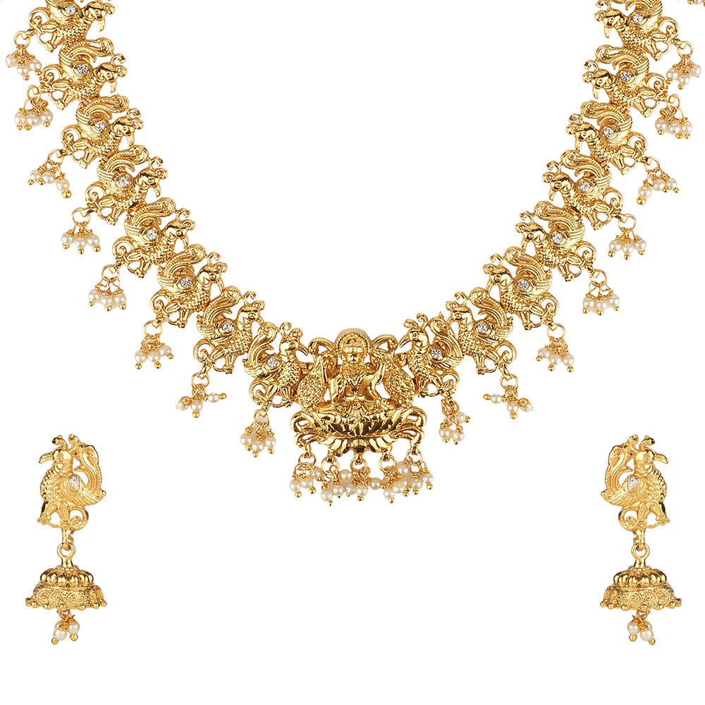 Kord Store Traditional Peacock Laxmi Latkan Pearl Gold Plated Matinee Necklace Set For Women  - KSNKE60060
