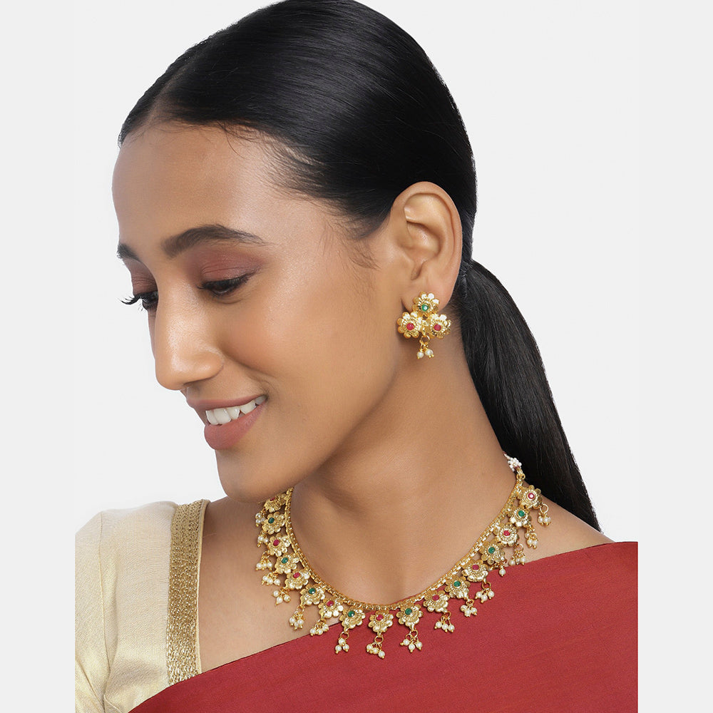 Kord Store Traditional Flower Design Latkan Pearl Gold Plated Matinee Necklace Set For Women  - KSNKE60065