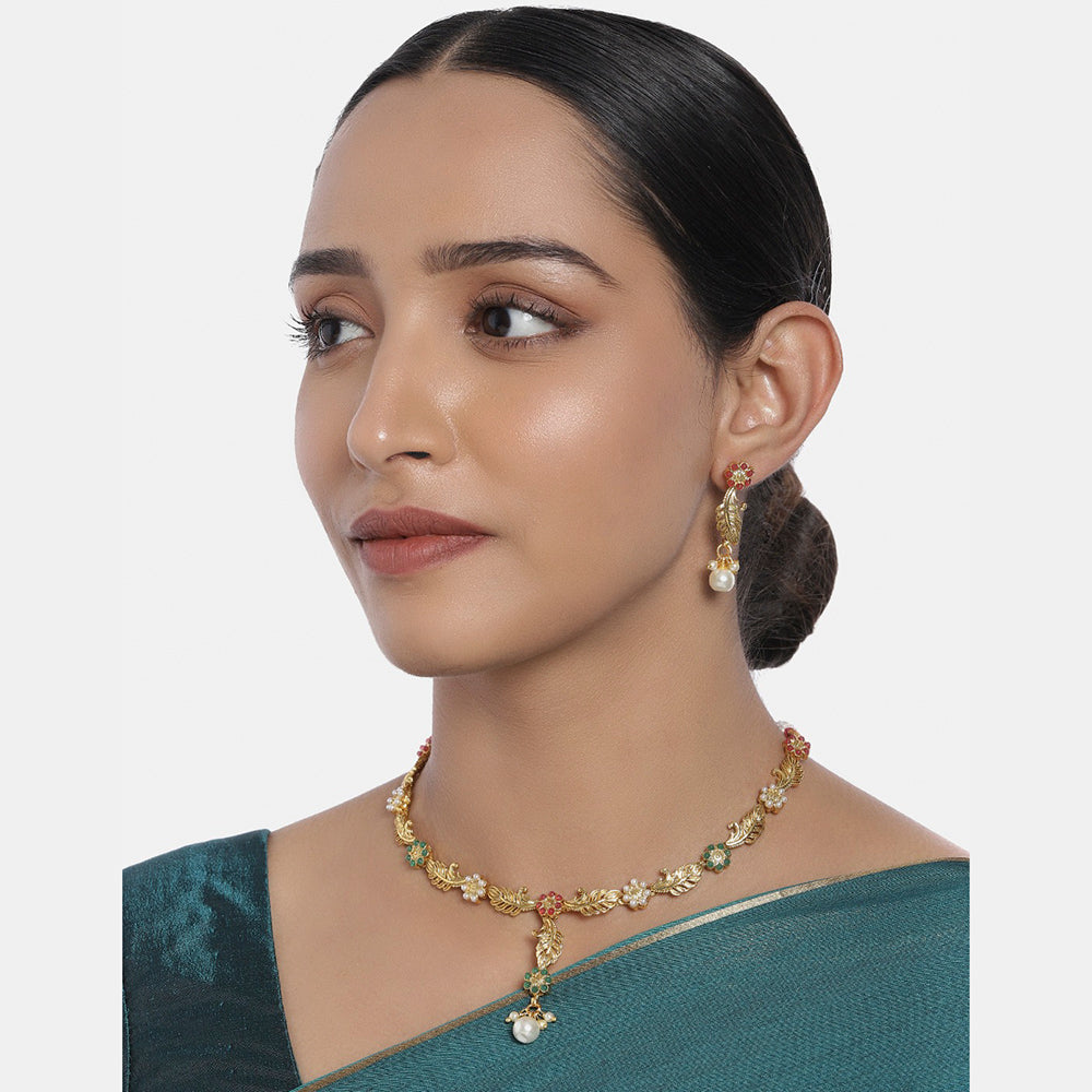 Kord Store Traditional Leaf Design Latkan Pearl Gold Plated Princess Necklace Set For Women  - KSNKE60069