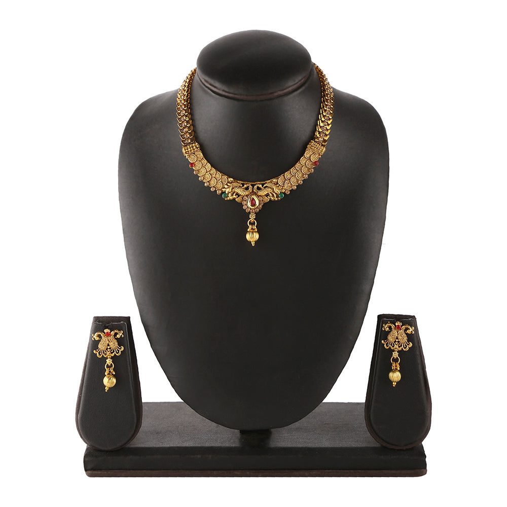 Kord Store Traditional Peacock & Jalebi Shape Lct Stone Gold Plated Princess Necklace Set For Women  - KSNKE60127