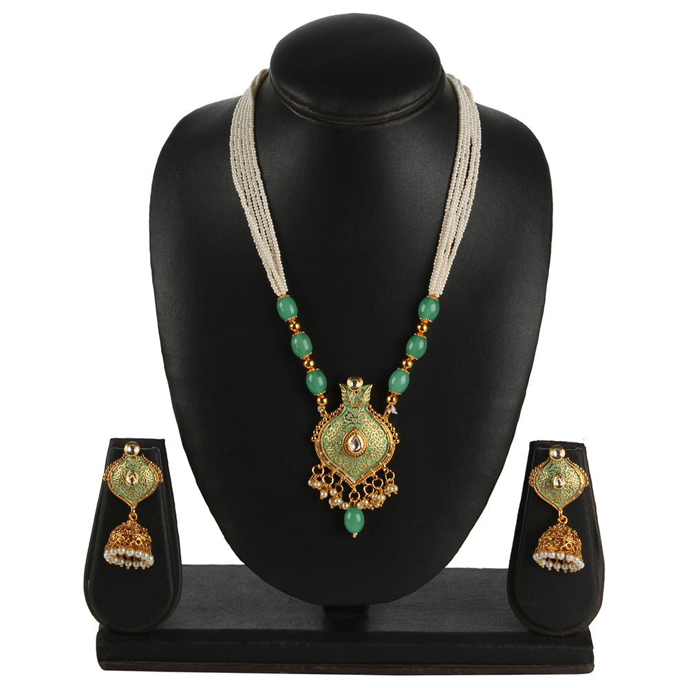 Kord Store Flower Design Pearls Lariyat Green Beads Long Haram Necklace Set For Women  - KSNKE60135