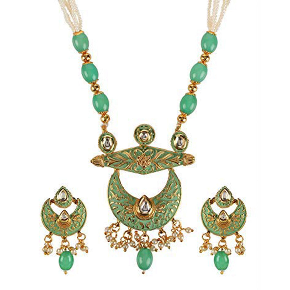 Kord Store Designer Chand Shape Pearls Lariyat Green Beads Long Haram Necklace Set For Women  - KSNKE60137