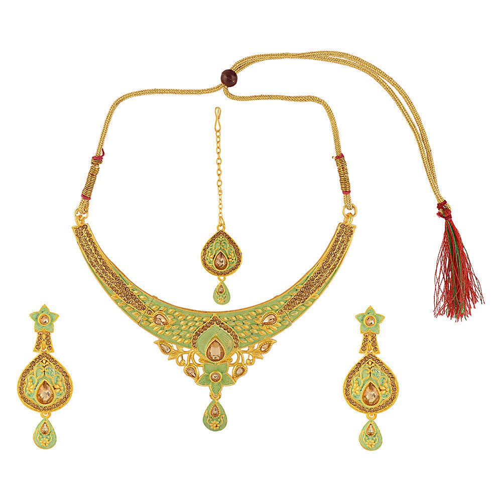 Kord Store Rajwadi Look Paan & Flower Shape Lct Stone Meenakari Choker Necklace Set For Women  - KSNKE60147