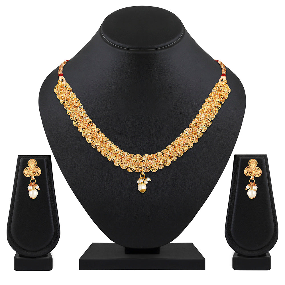 Kord Store Traditional Jalebi Shape Pearls Gold Plated Choker Necklace Set For Women  - KSNKE60166