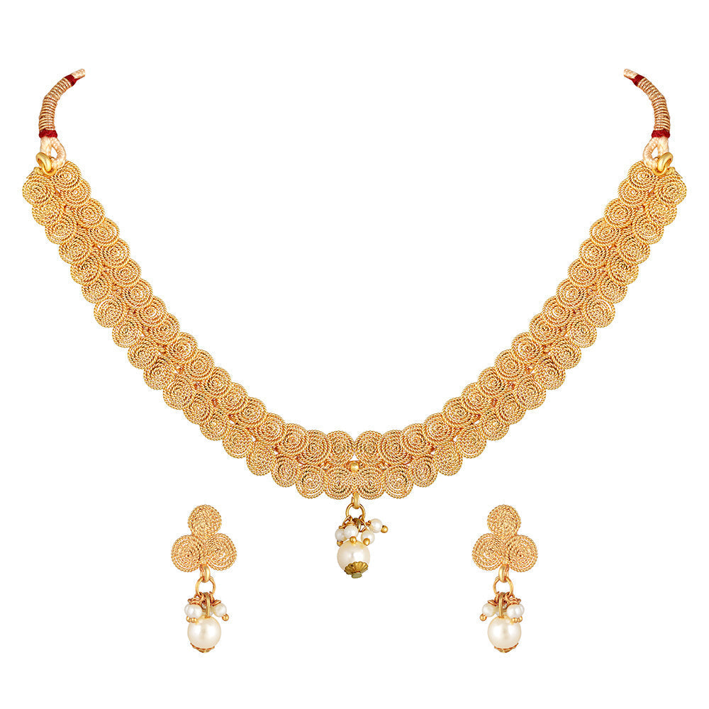 Kord Store Traditional Jalebi Shape Pearls Gold Plated Choker Necklace Set For Women  - KSNKE60166
