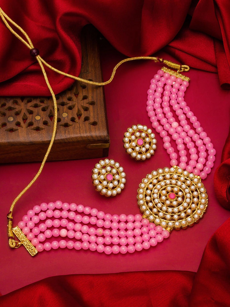 Kord Store Fabulous Gold Plated Pearl Choker Jewellery Set for Women   - KSNKE60236_PINK