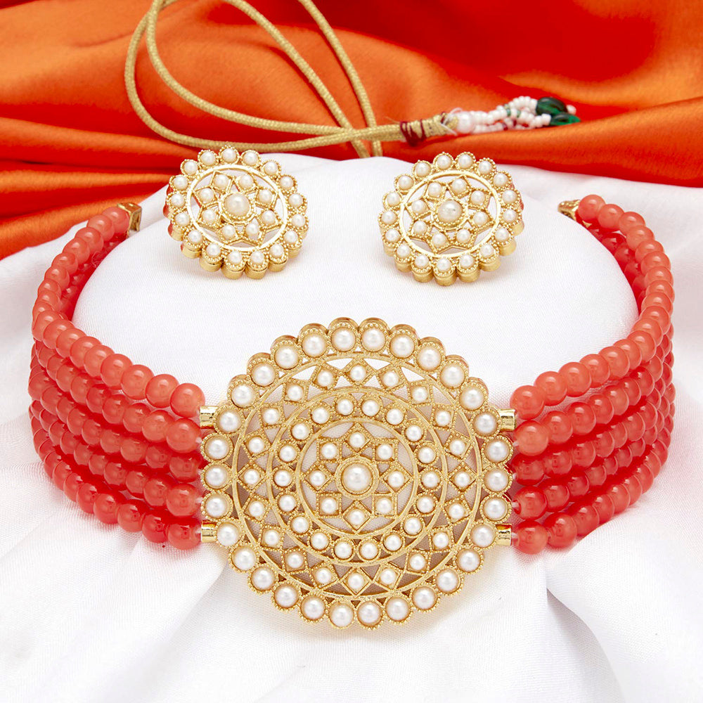 Kord Store Excellent Gold Plated Pearl Choker Necklace Set for Women  - KSNKE60236_RED