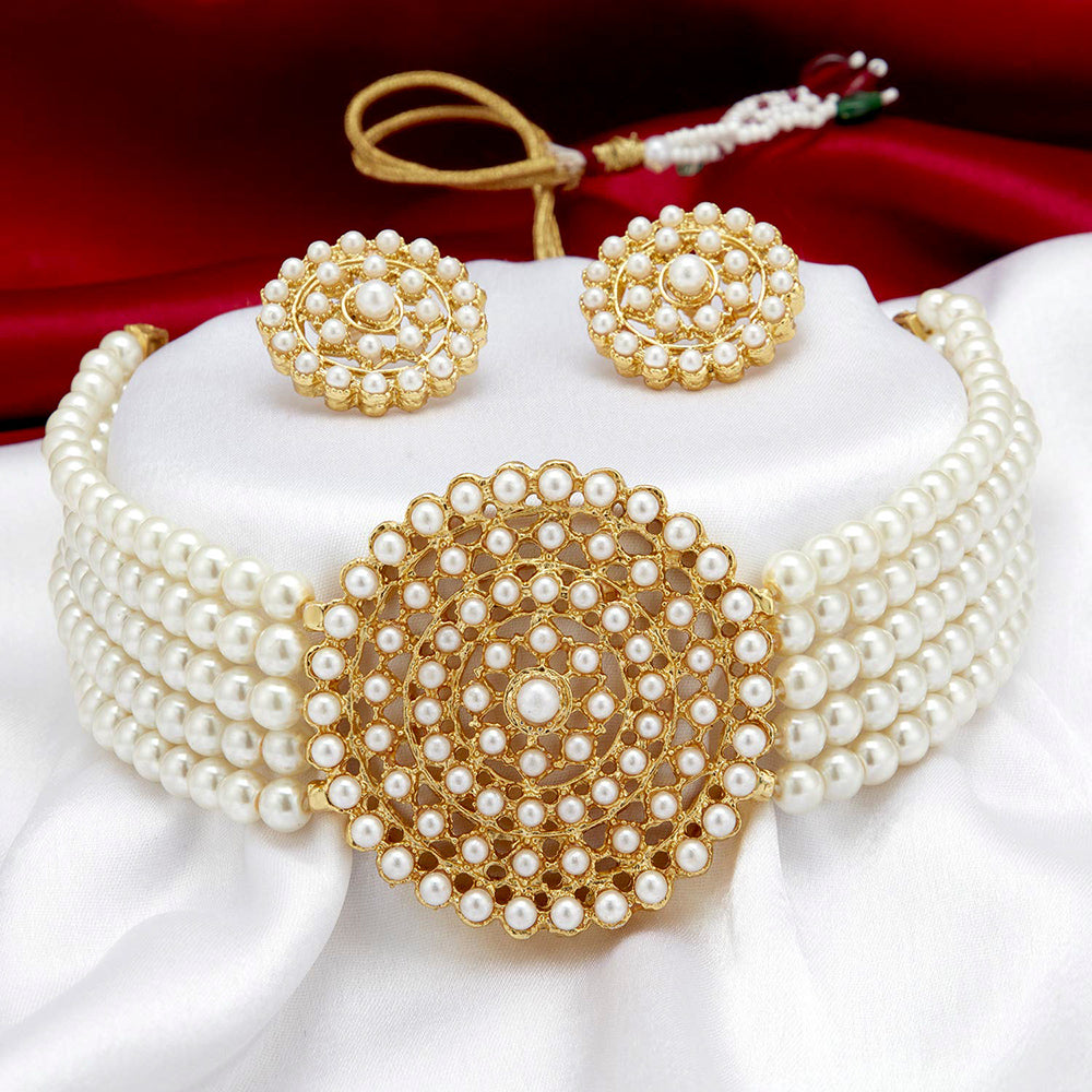 Kord Store Fabulous Gold Plated Pearl Choker Necklace Set for Women  - KSNKE60236_WHT