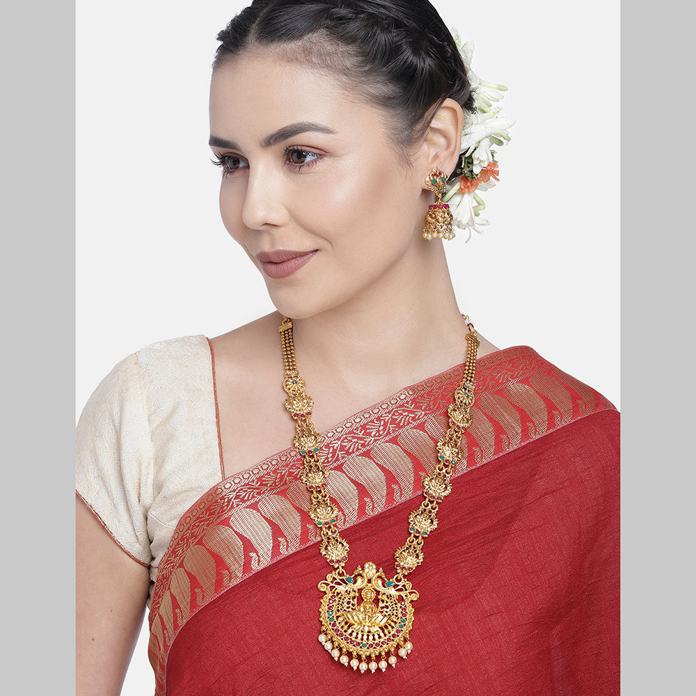 Kord Store Laxmi Design Gold plated Ruby Long Haram Necklace Set For Girls and Women