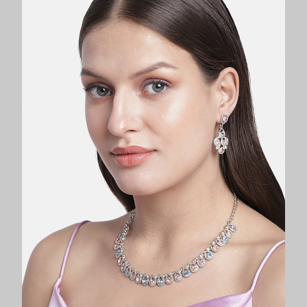 Kord Store Stylist Latest Design Multicolor Silver Platted Australian Diamond Necklace set For Girls and Women