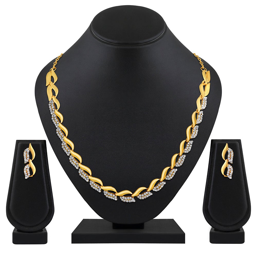 Kord Store Designer Leaf Design Ad Stone Gold Plated Choker Necklace Set For Women  - KSNKESUK01
