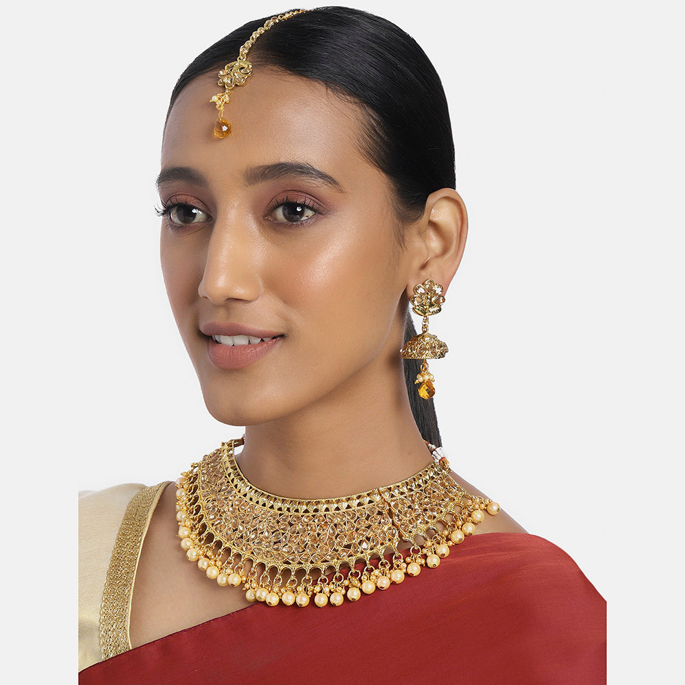 Kord Store Neck Shape Design LCT Kundan Pearl Choker Necklace Set For Modern Women  - KSNKESUK14