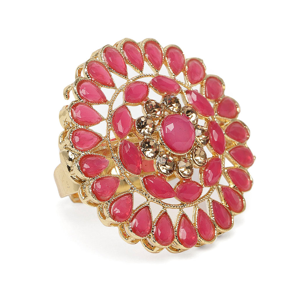 Kord Store Traditional Round Shape Alloy Gold Plated Kundan Adjustable Finger Ring For Women & Girls  - KSRIN10008