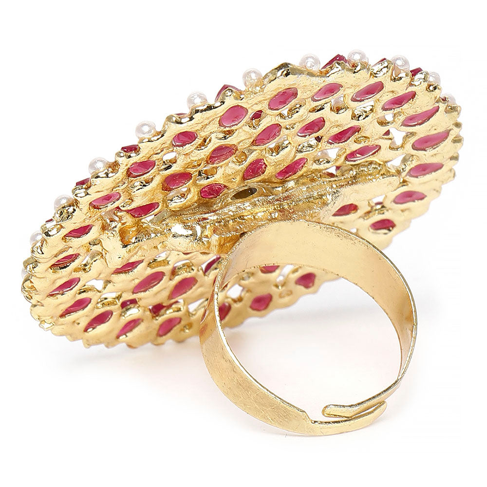Kord Store Traditional Round Shape Alloy Gold Plated Kundan Adjustable Finger Ring For Women & Girls  - KSRIN10010