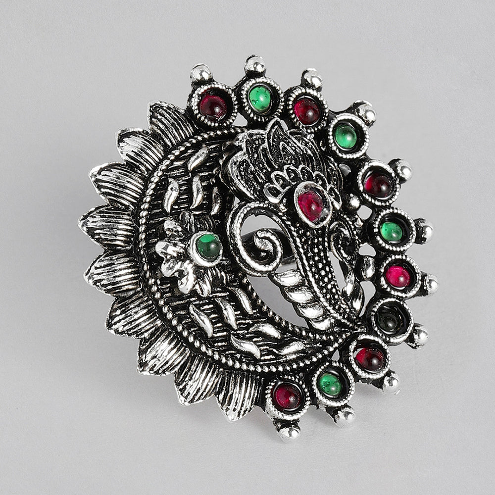 Kord Store Antique Adjustable Silver Oxidised Plated Floral Finger Ring For Girls and Women