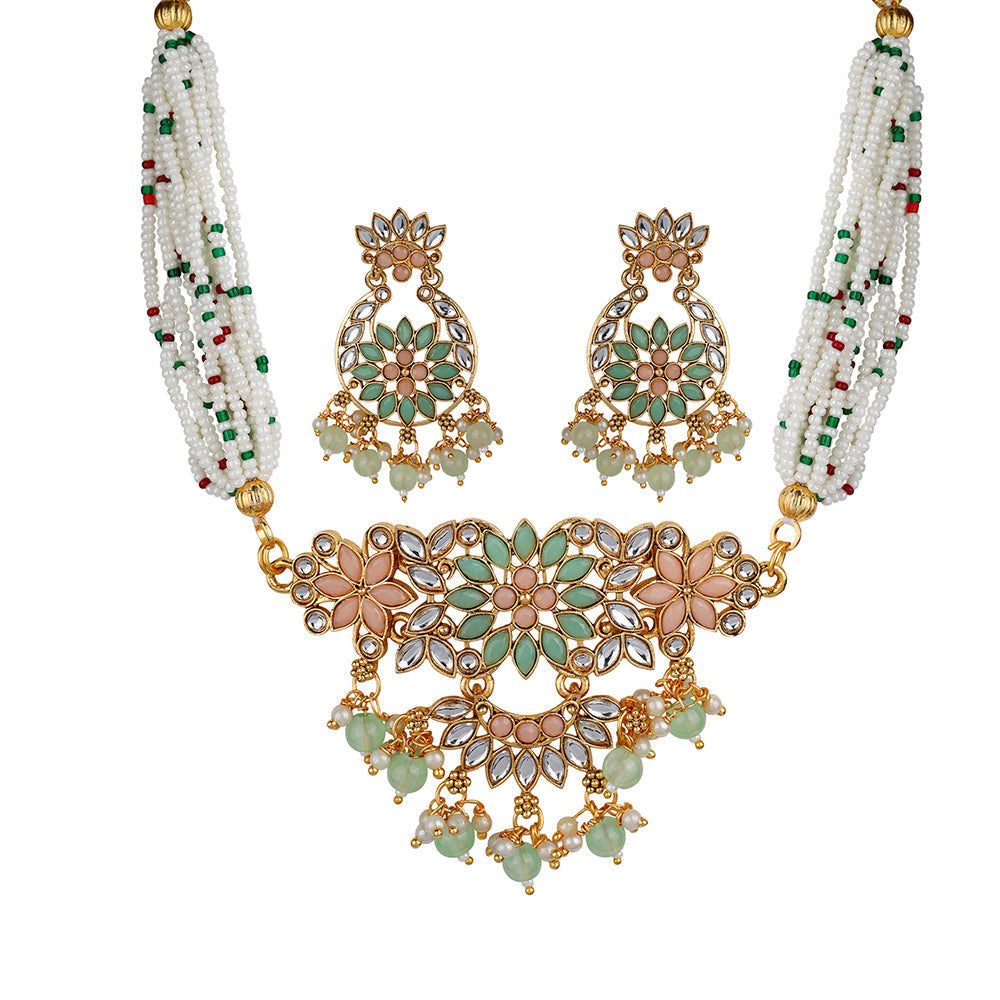 Kord Store Glitzy 18K Gold Plated Traditional Pink & Sea Green Kundan Choker Necklace Set For Women