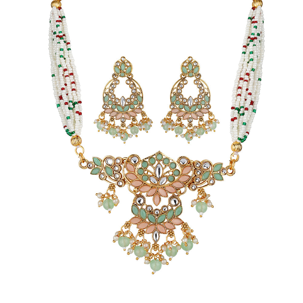 Kord Store 18k Gold Plated Moti Bandhai Pink & Sea Green Kundan Choker Necklace For Women