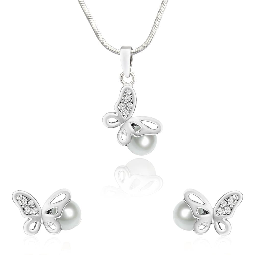 Mahi Rhodium Plated White Artificial Pearl Butterfly Pendant Set
