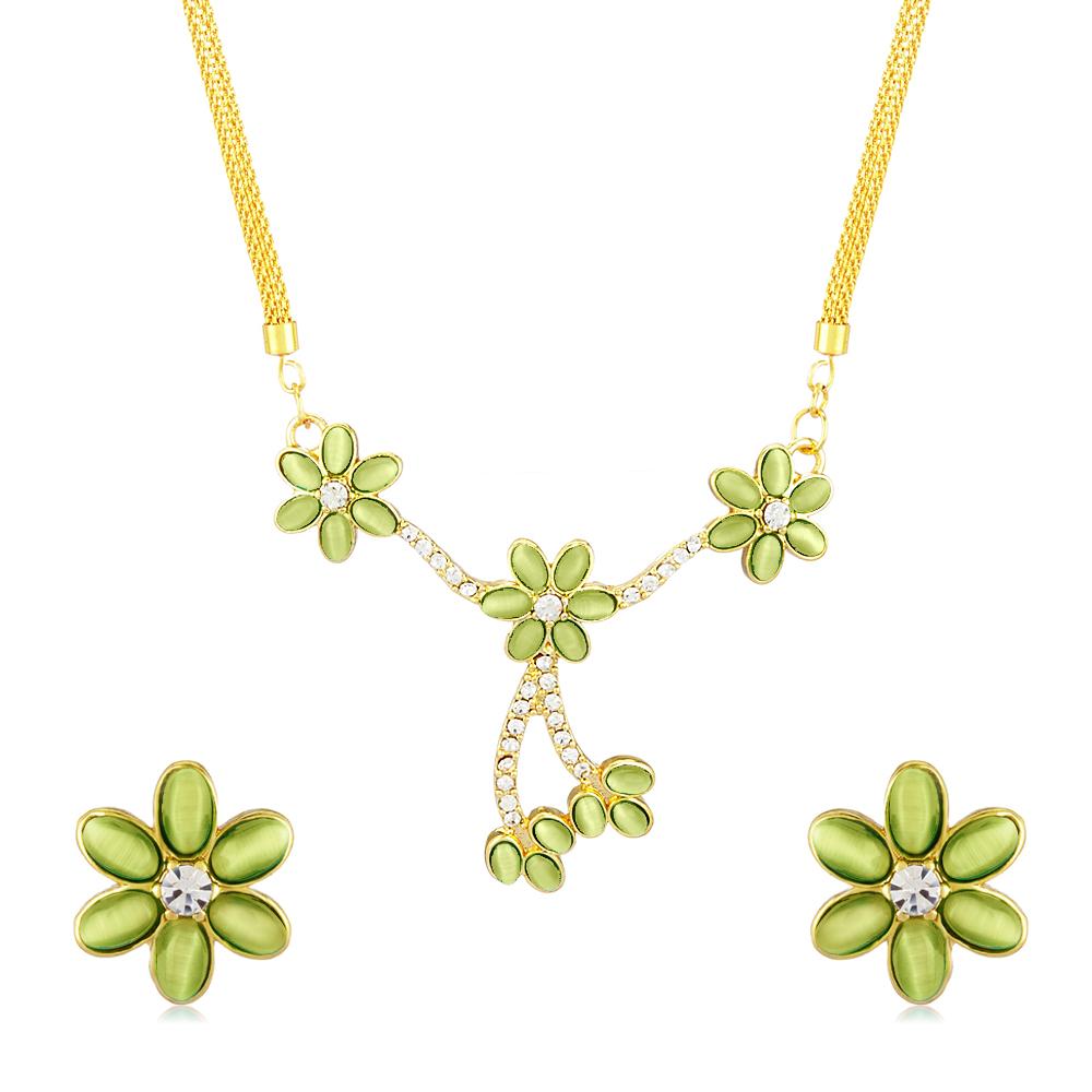 Mahi Monalisa Cats Eye Light Green Flower Gold Plated Necklace Set for Women