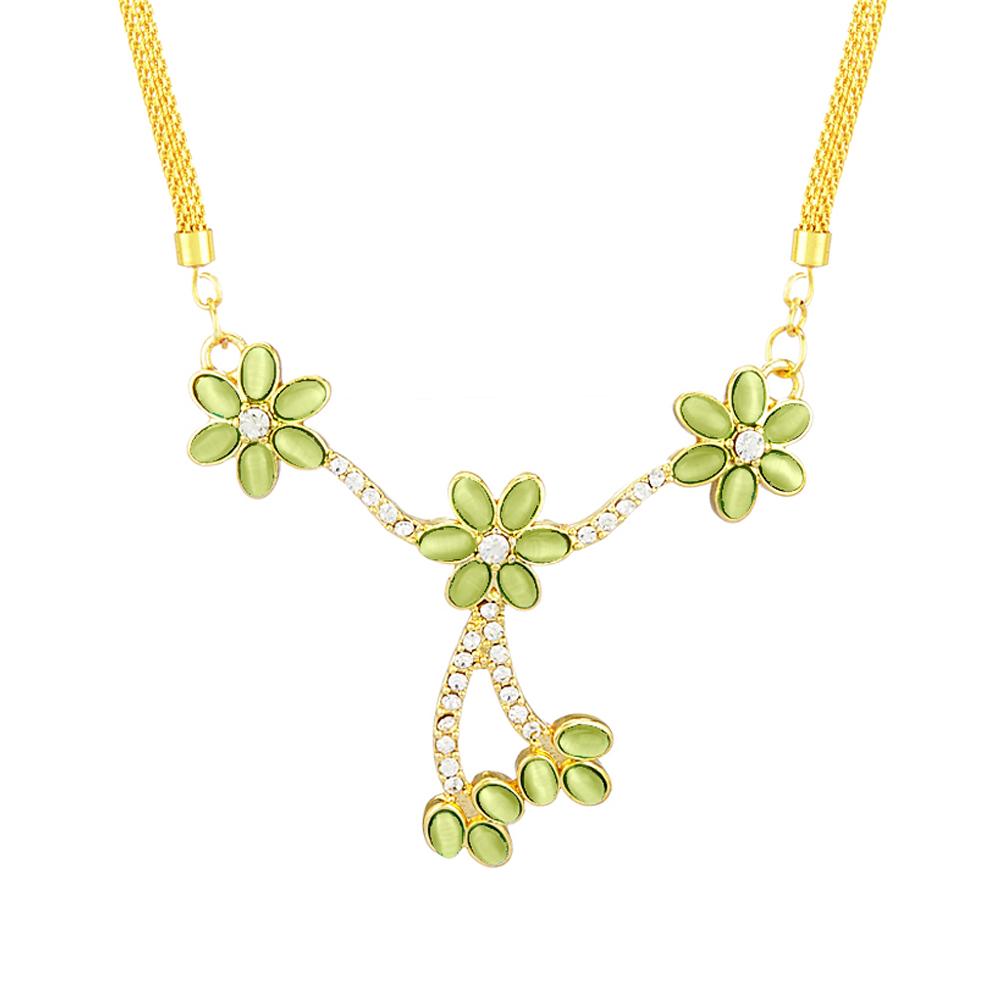 Mahi Monalisa Cats Eye Light Green Flower Gold Plated Necklace Set for Women