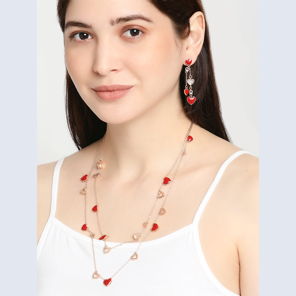 Mahi Rose Gold Plated Red Heart Crystal Layered Necklace with Dangler Earrings for Women (NL11037946ZRed)