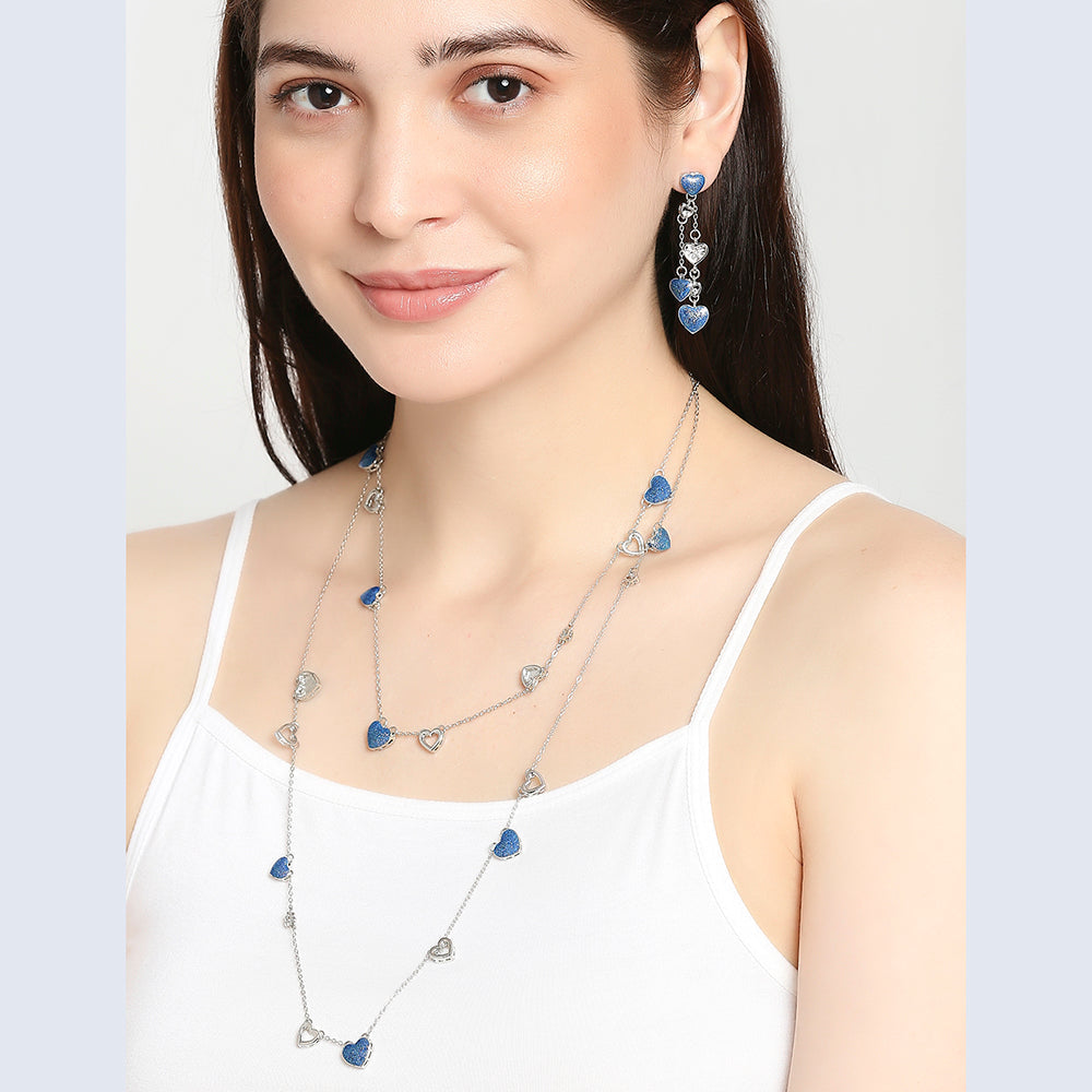 Mahi Rose Blue Heart Sparkels Crystal Layered Necklace with Dangler Earrings for Women (NL11037947RBlu)