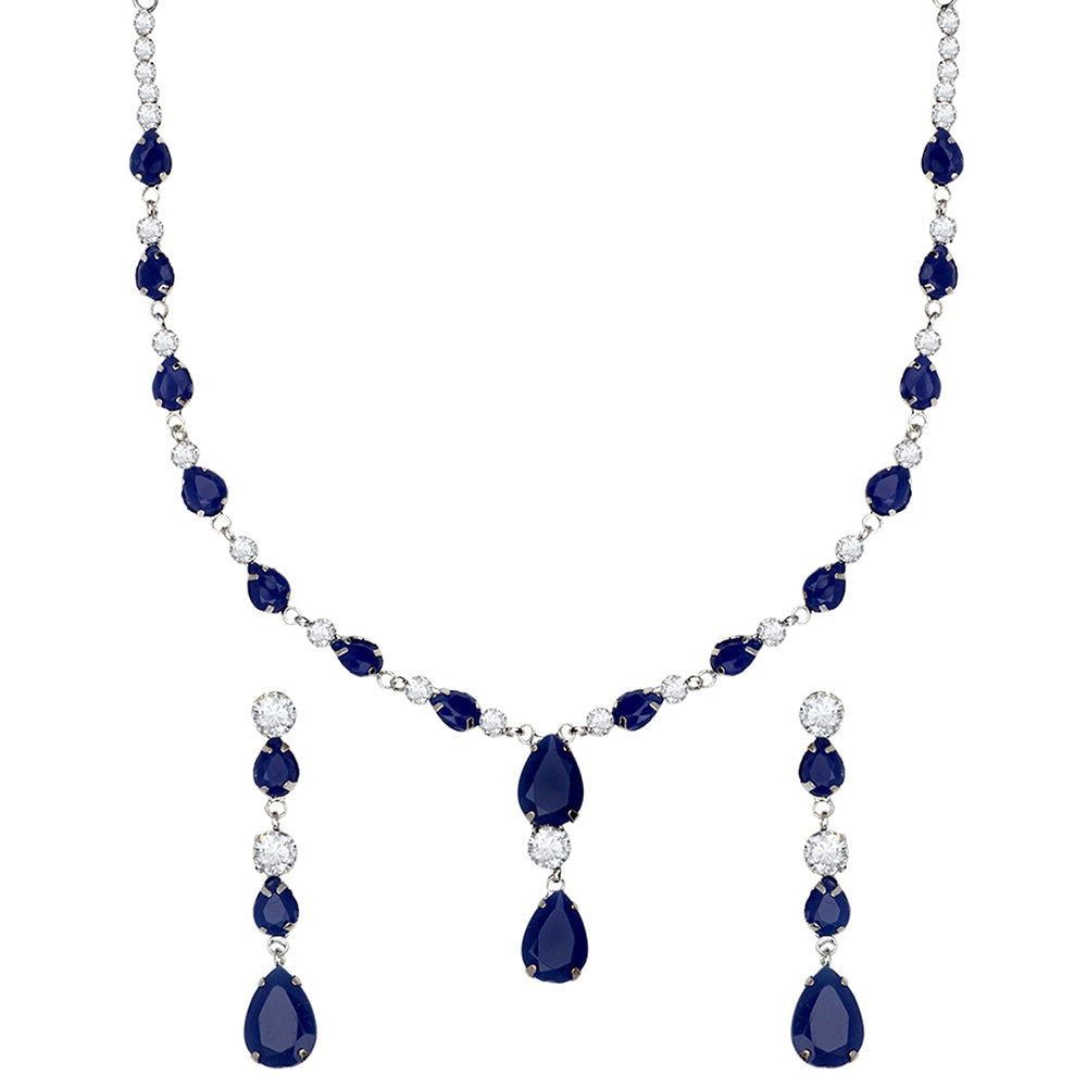 Mahi Rhodium Plated Cute & Delicate Dark Blue Crystals Necklace Set for Women (NL1103804RDBlu)