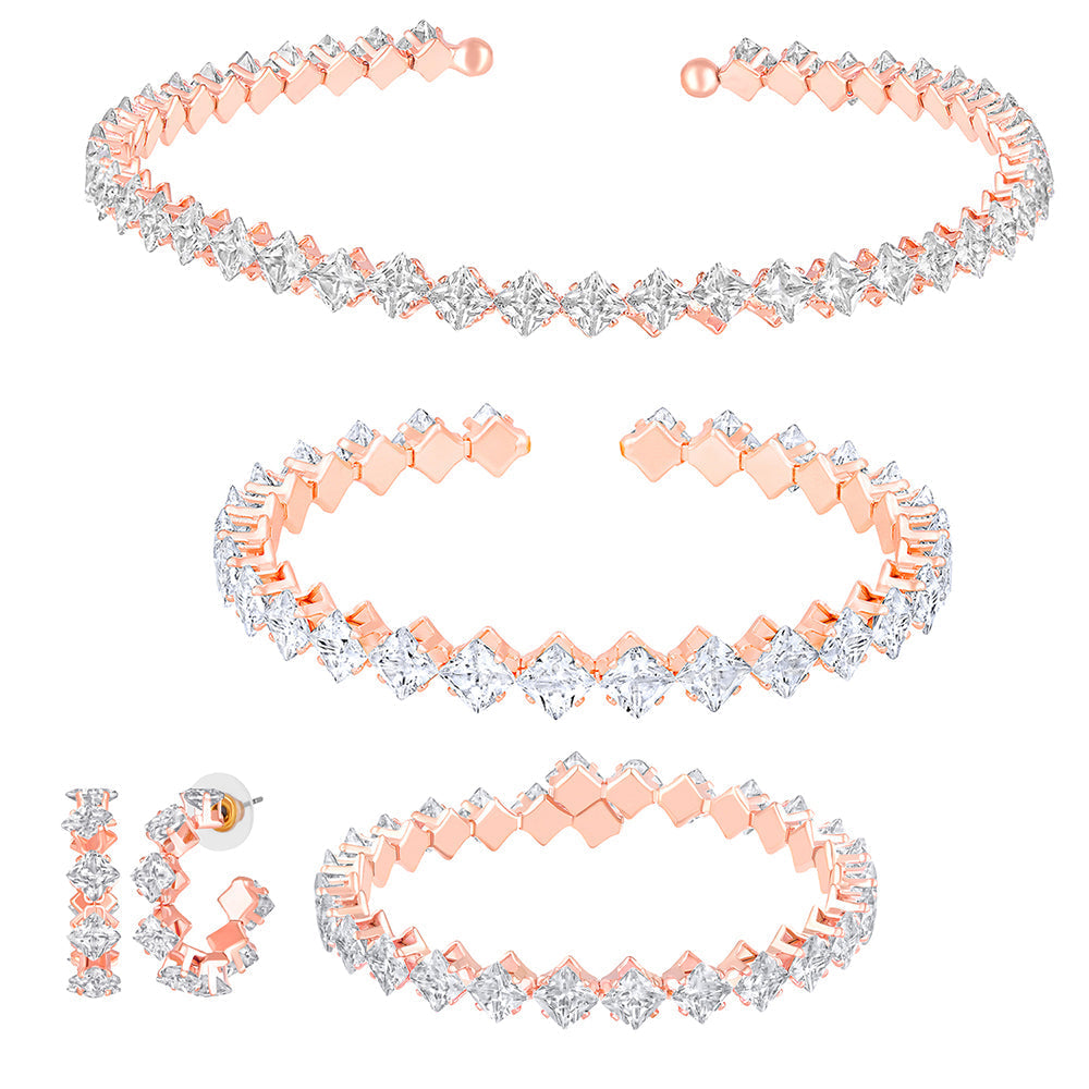 Mahi Rose Gold Plated Classic Princess Cut White Cubic Zirconia Studed Adjustable Choker Necklace Jewellery Set for Women (NL1103808ZWhi)
