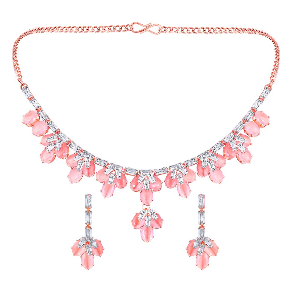 Mahi Elegant Floral CZ Necklace Paired with a Pair of Earrings