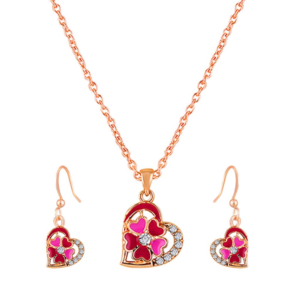 Mahi Red and Pink Meenakari Work and Crystals Floral Heart Pendant Set