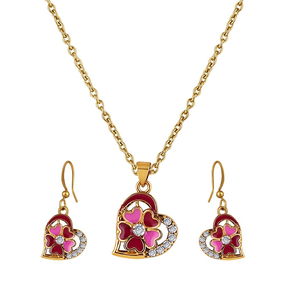 Mahi Pink and Maroon Meenakari Work and Crystals Floral Heart Pendant Set