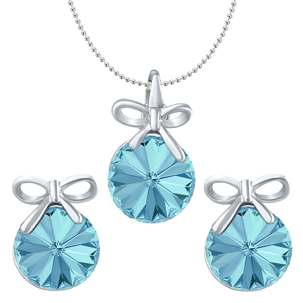 Mahi Valentine Gift with Aqua Blue Swarovski Crystals Rhodium Plated Bow Pendant Set for Women