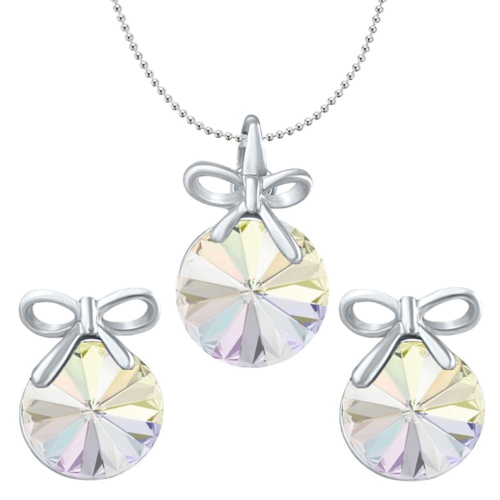 Mahi Valentine Gift with White AB Swarovski Crystals Rhodium Plated Bow Pendant Set for Women