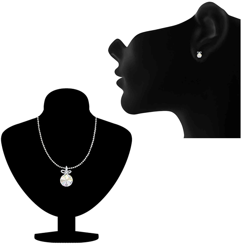 Mahi Valentine Gift with White AB Swarovski Crystals Rhodium Plated Bow Pendant Set for Women