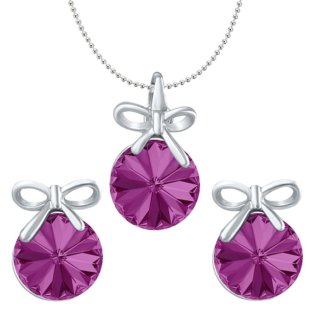 Mahi Valentine Gift with Fushia Purple Swarovski Crystals Rhodium Plated Bow Pendant Set for Women