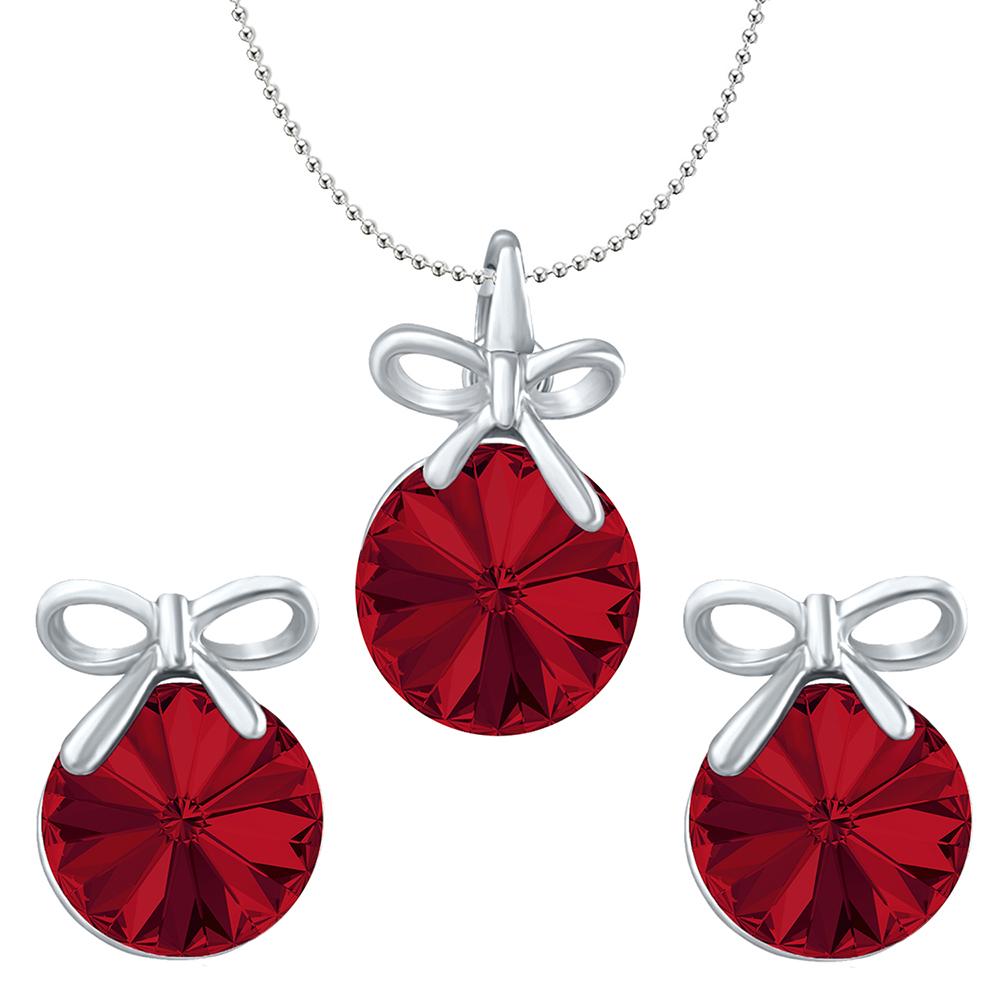 Mahi Valentine Gift with Light Red Swarovski Crystals Rhodium Plated Bow Pendant Set for Women